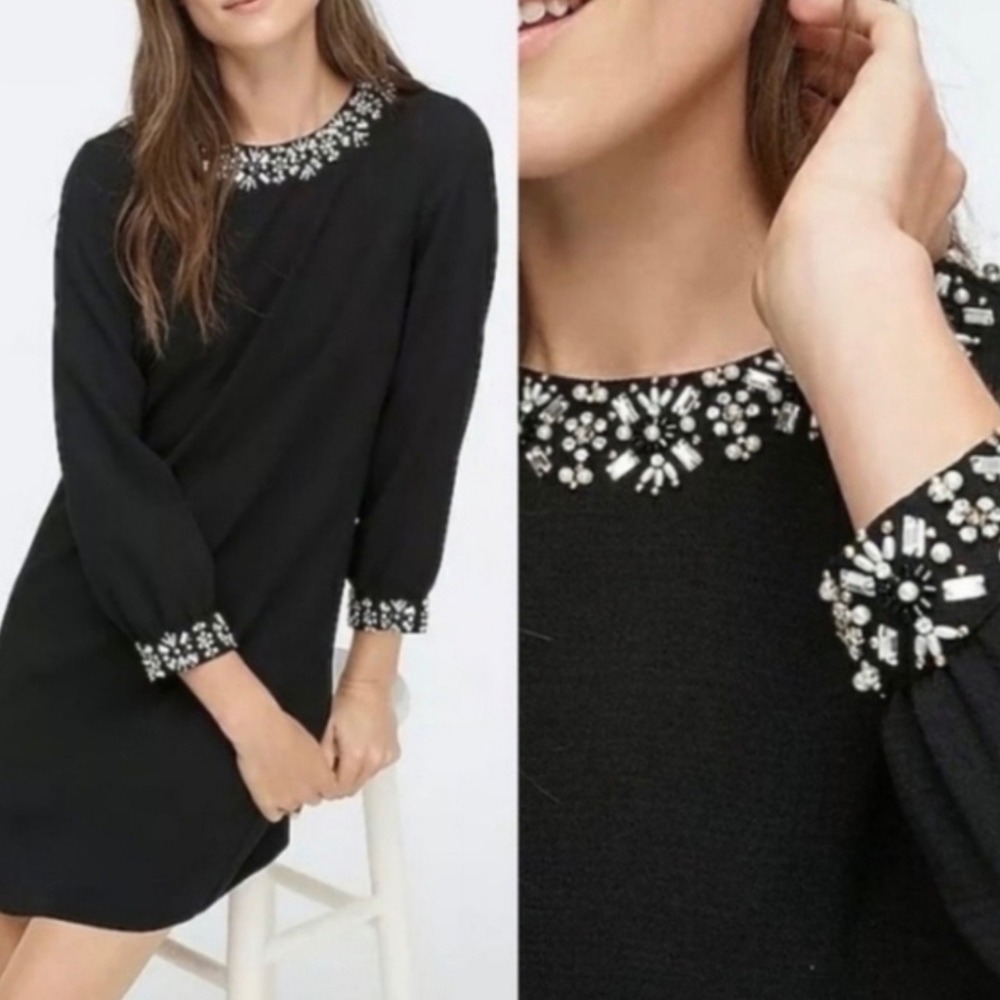 J. CREW Black Jewel Embellished Long Sleeve Crepe Shift Dress | 2